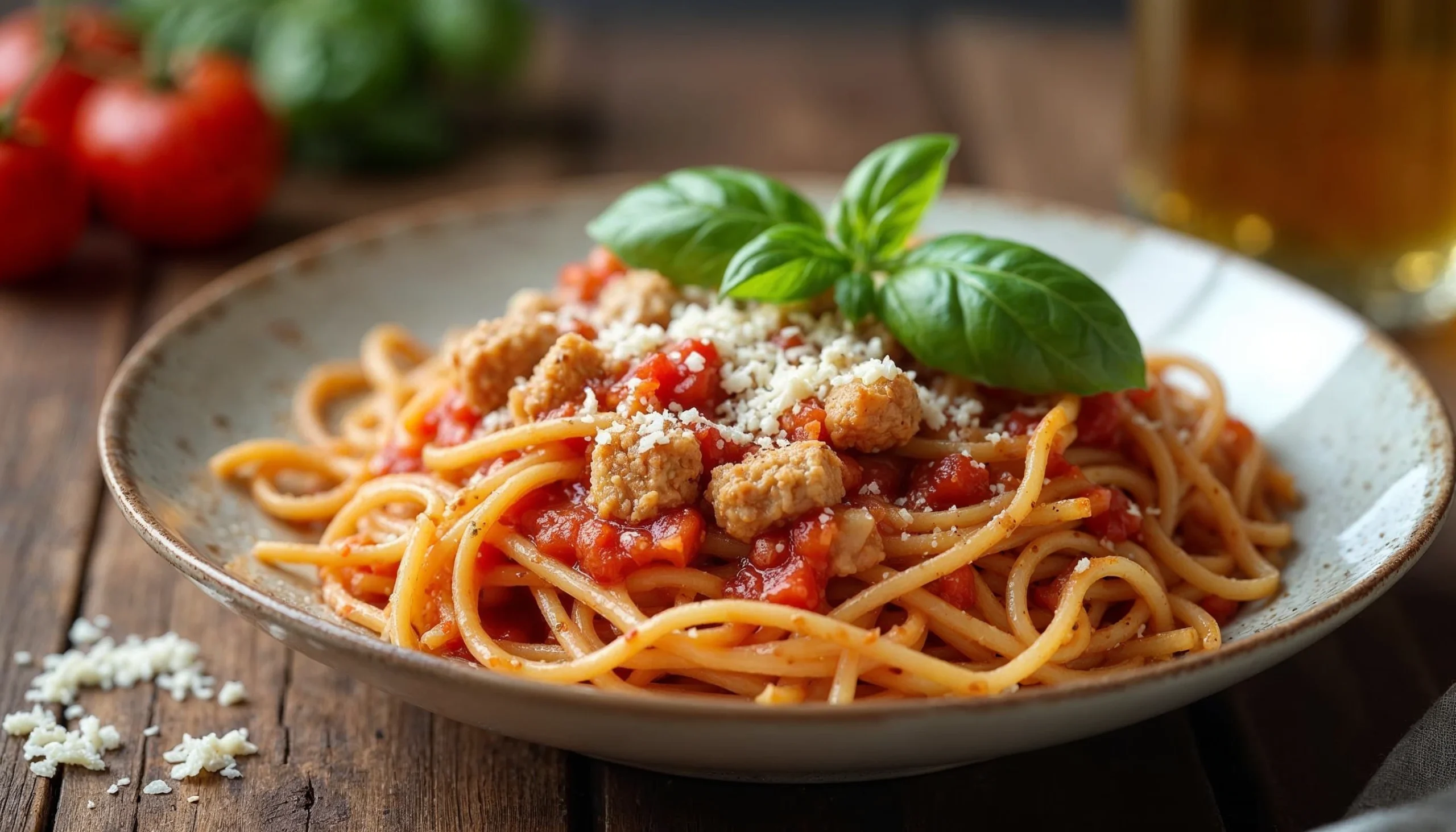 A bowl of ground chicken spaghetti garnished with fresh basil and Parmesan cheese, served on a wooden table.