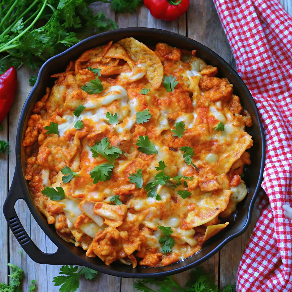 A freshly baked Dorito King Ranch Chicken Skillet topped with melted cheese, crispy Doritos, and fresh cilantro in a black skillet.