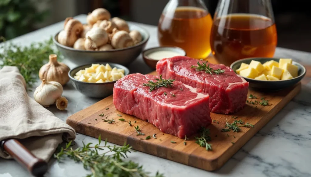 A wooden cutting board with two raw filet mignon steaks garnished with rosemary, surrounded by bowls of mushrooms, garlic, butter, and beef broth.
