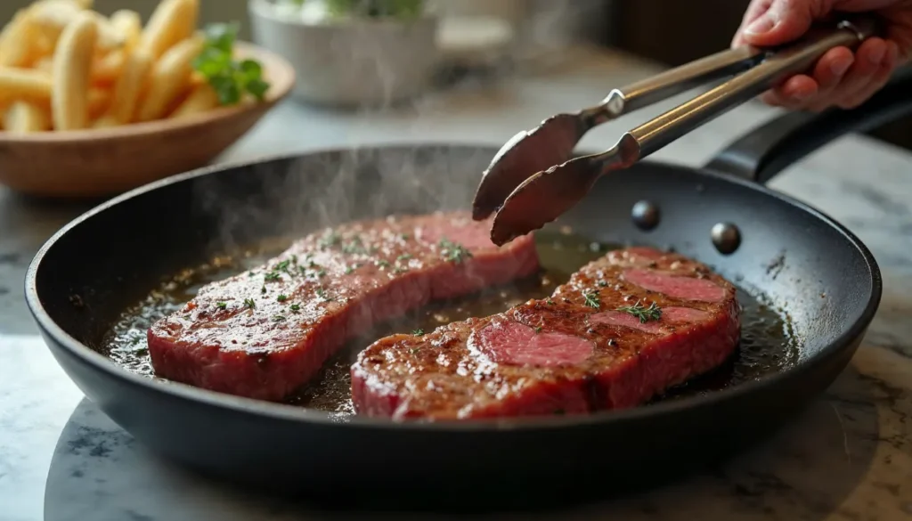 Two filet mignon steaks sizzling in a skillet with butter and fresh thyme, being flipped with tongs.
