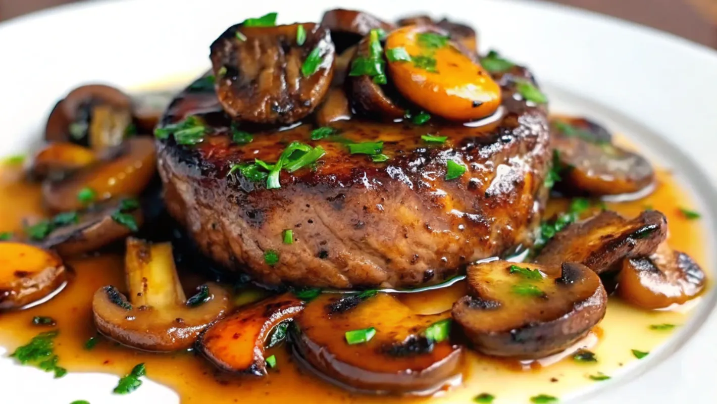 A close-up view of a juicy filet mignon steak topped with sautéed mushrooms and garnished with fresh herbs.