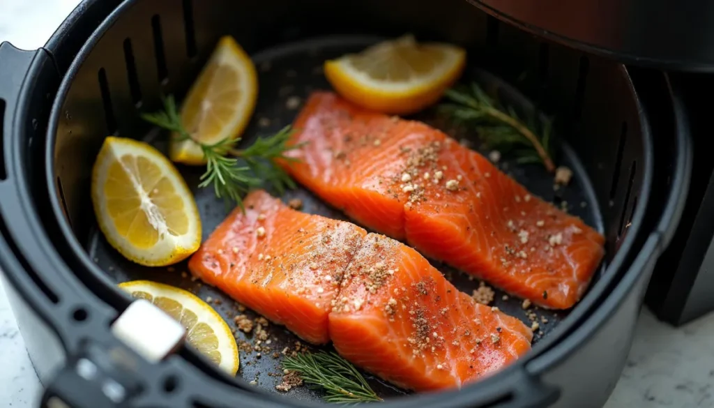 Raw salmon fillets seasoned with spices and surrounded by lemon slices and rosemary, placed inside an air fryer basket.