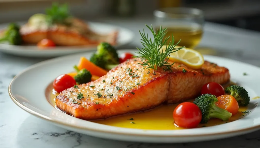 A golden, crispy air-fried salmon fillet garnished with fresh dill and lemon, served with broccoli, cherry tomatoes, and carrots.