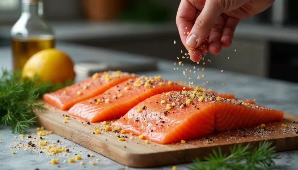 A hand sprinkling seasoning over raw salmon fillets on a wooden cutting board, surrounded by fresh dill, a lemon, and olive oil.