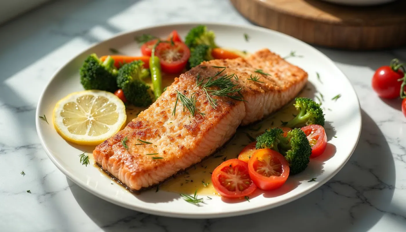 A plate of air-fried salmon fillets with a golden crust, served with fresh broccoli, cherry tomatoes, and lemon slices.