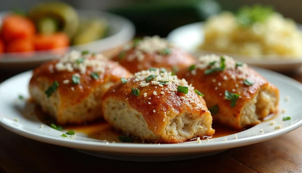 A close-up of garlic parmesan chicken breasts garnished with parmesan cheese and green onions, served with vegetables