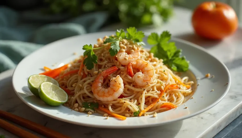 A plate of shrimp noodles garnished with fresh cilantro, lime slices, and crushed peanuts, served on a marble countertop.