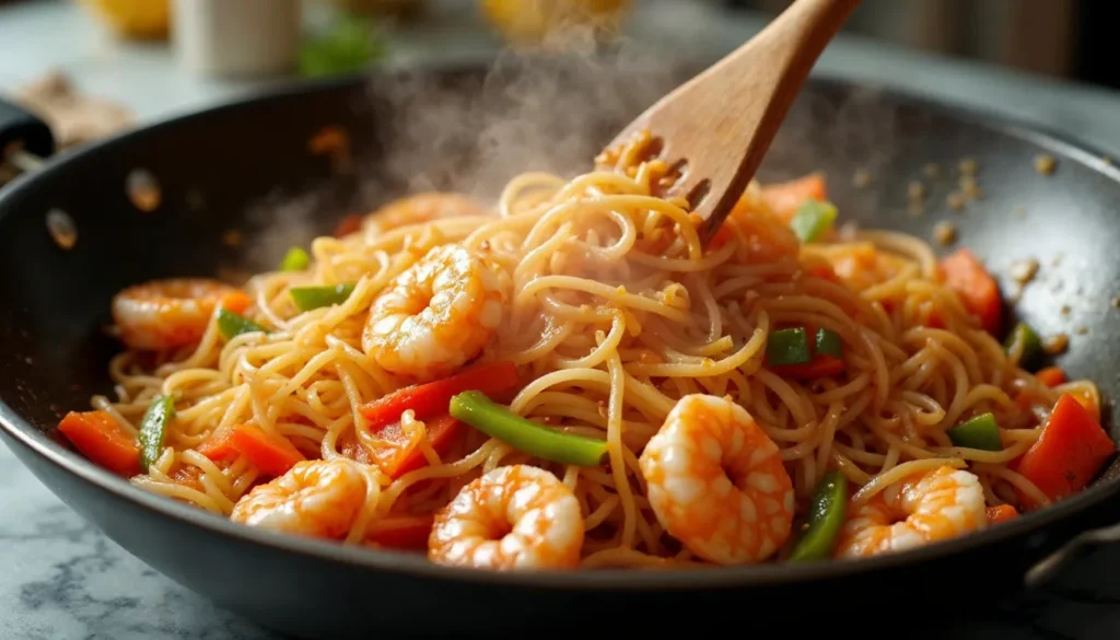 A close-up of stir-fried shrimp noodles with colorful vegetables in a black wok, steam rising from the dish.