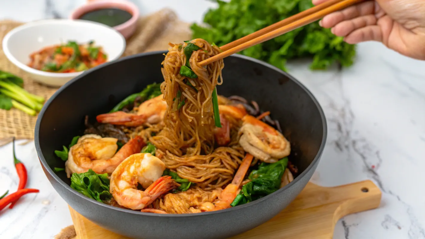 A bowl of stir-fried shrimp noodles with fresh greens and prawns, lifted with chopsticks, on a marble countertop.