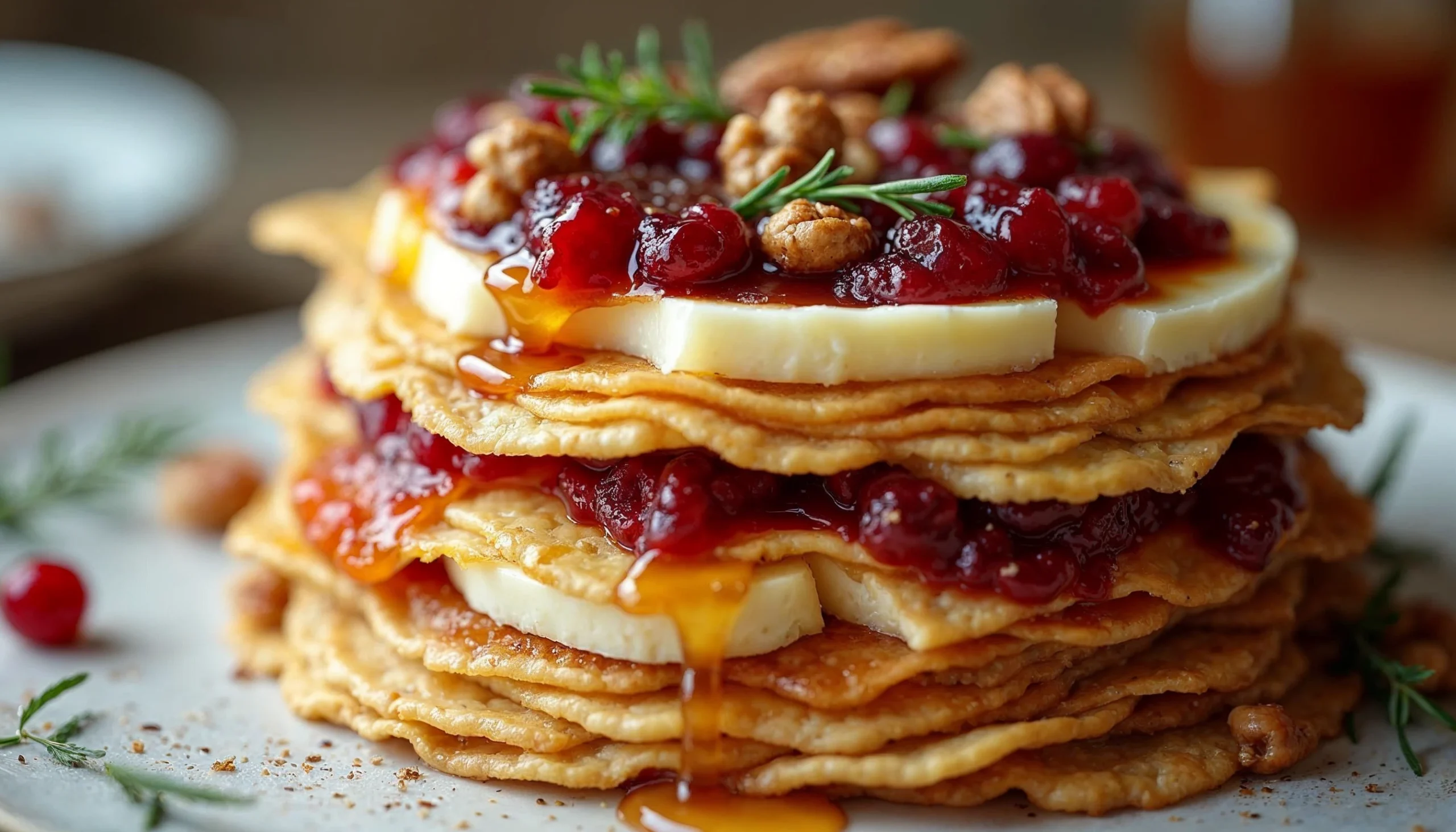 A stack of layered pastry with brie, cranberry sauce, honey drizzle, pecans, and fresh rosemary garnished on a plate