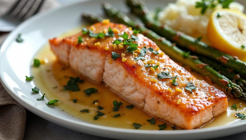 A golden-brown salmon fillet served with roasted asparagus, mashed potatoes, and a drizzle of butter sauce.