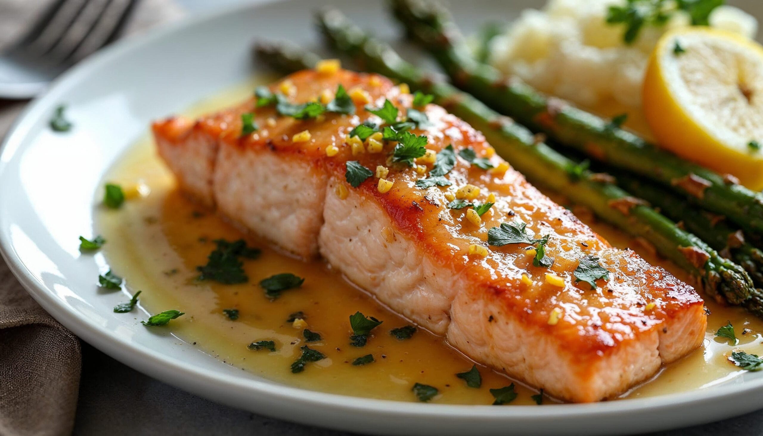 A golden-brown salmon fillet served with roasted asparagus, mashed potatoes, and a drizzle of butter sauce.