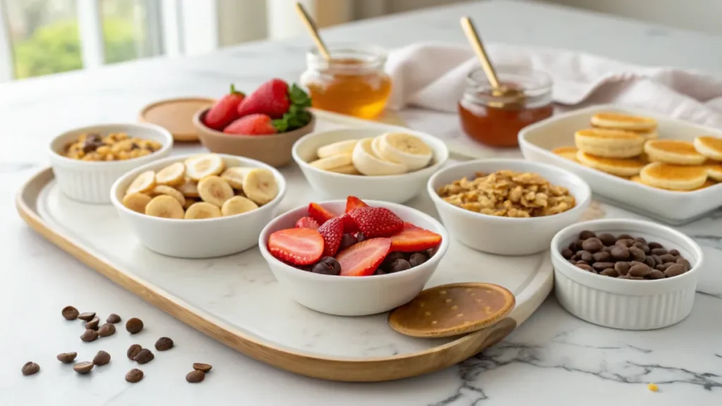 A variety of toppings for mini pancakes displayed in small bowls, including strawberries, bananas, granola, chocolate chips, and honey.