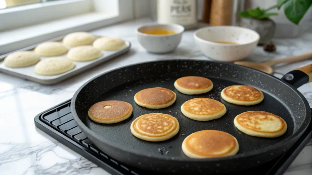 A close-up of mini pancakes cooking on a black non-stick skillet, with golden-brown tops on a marble countertop background.