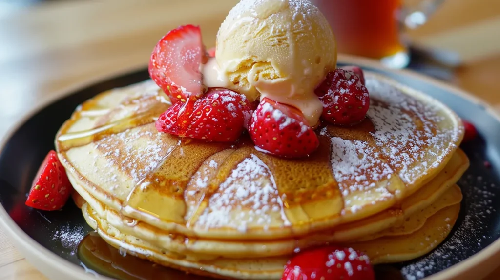 A stack of pancakes topped with fresh strawberries, a scoop of vanilla ice cream, powdered sugar, and syrup on a black plate.