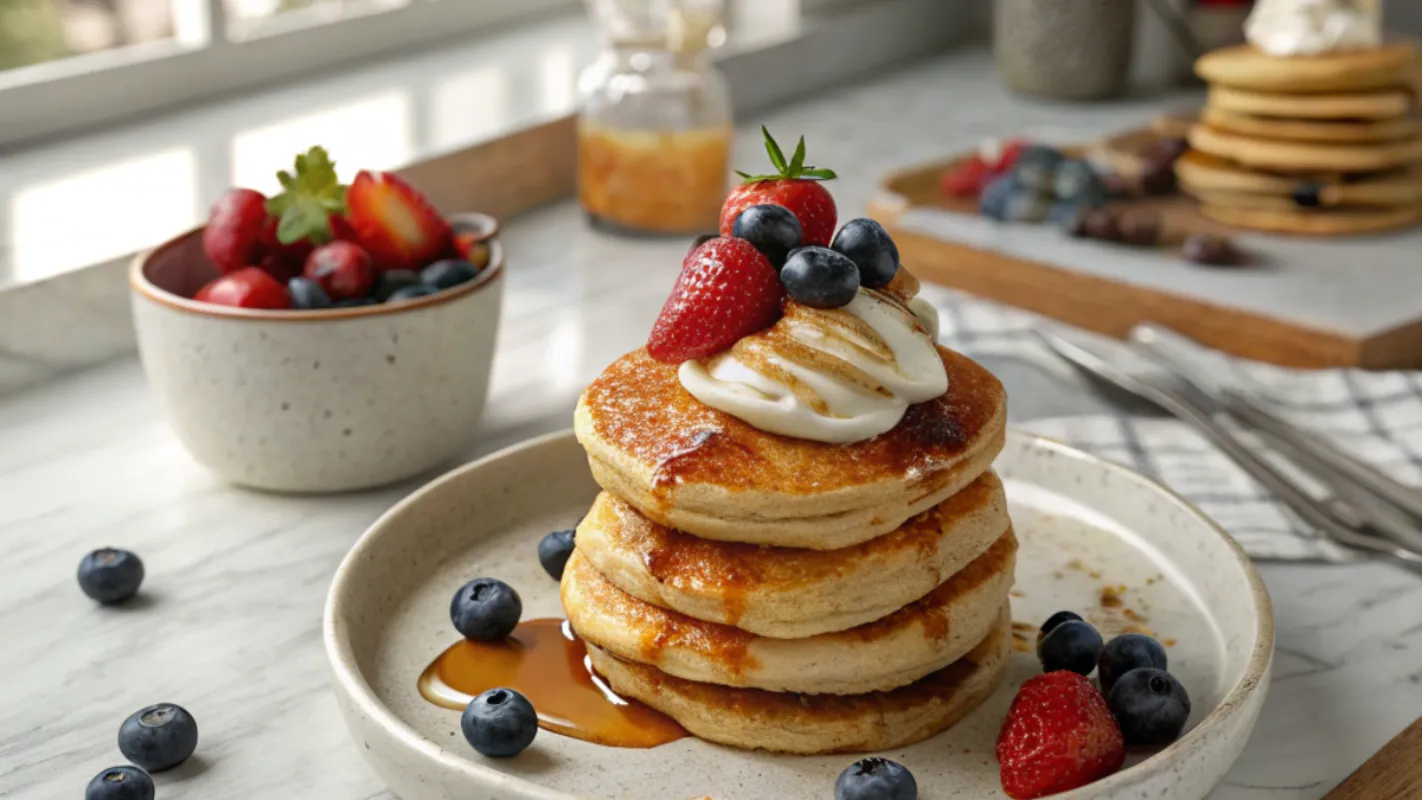 A stack of golden-brown mini pancakes topped with strawberries, blueberries, whipped cream, and maple syrup on a ceramic plate.