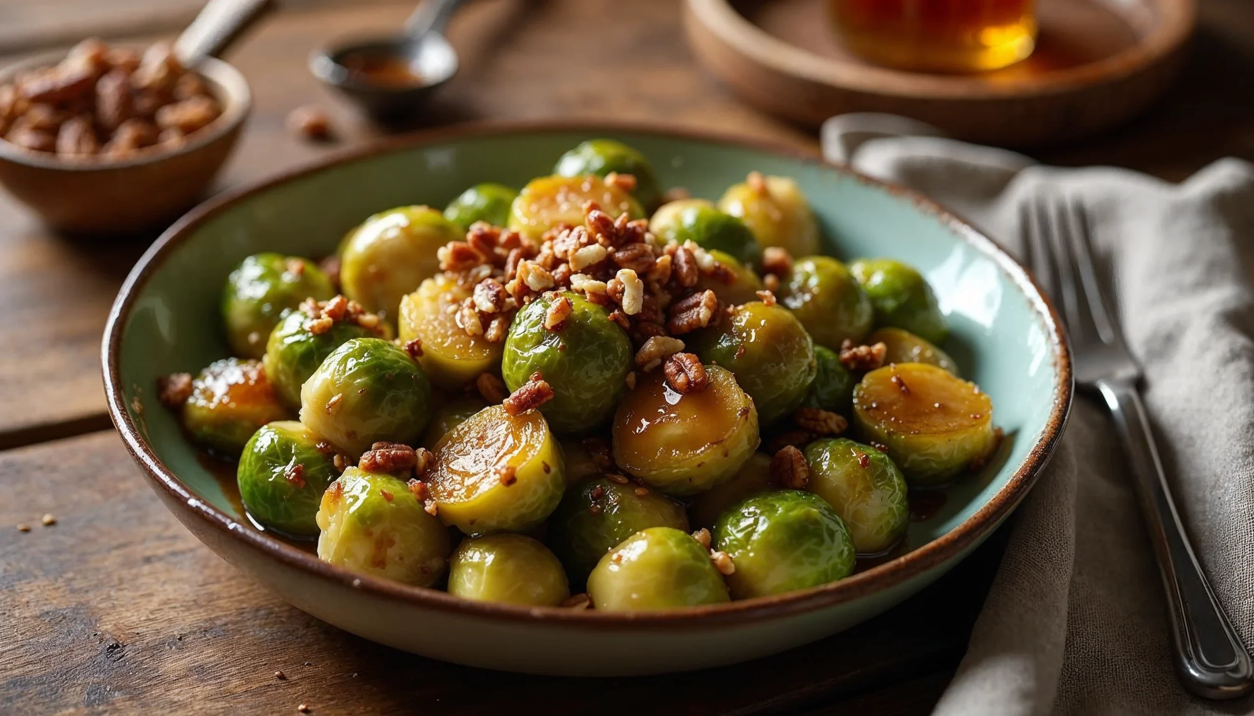 Close-up of maple-glazed Brussels sprouts with pecans on a serving dish, drizzled with syrup, set on a rustic table