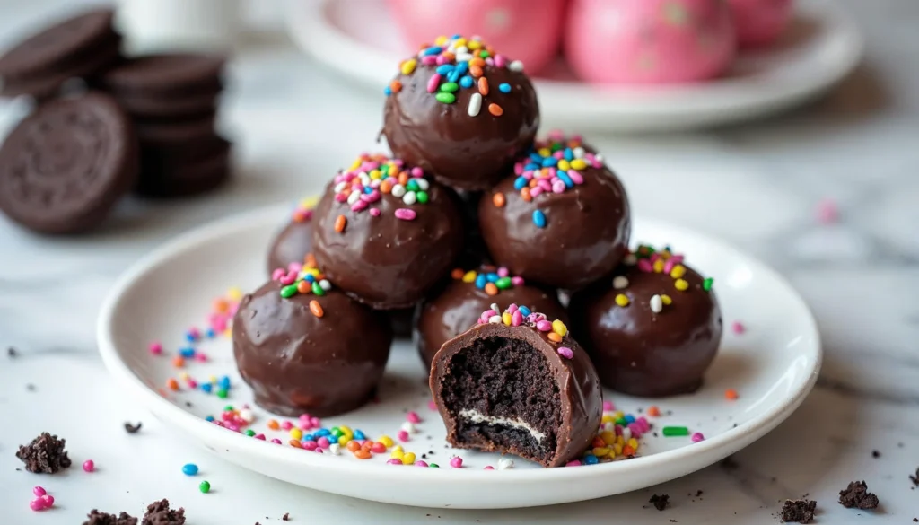 A stack of no-bake Oreo balls dipped in glossy chocolate, topped with colorful sprinkles, and served on a white plate.