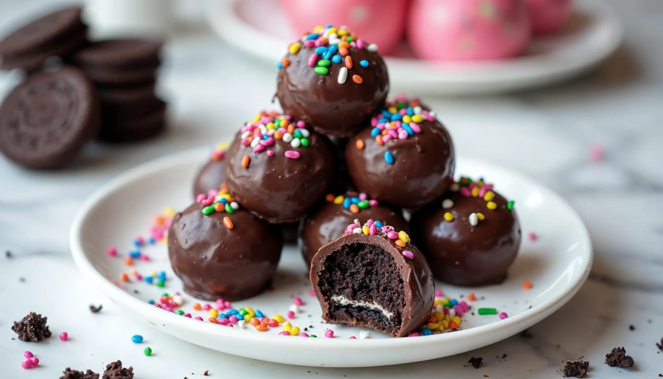 A stack of no-bake Oreo balls dipped in glossy chocolate, topped with colorful sprinkles, and served on a white plate.