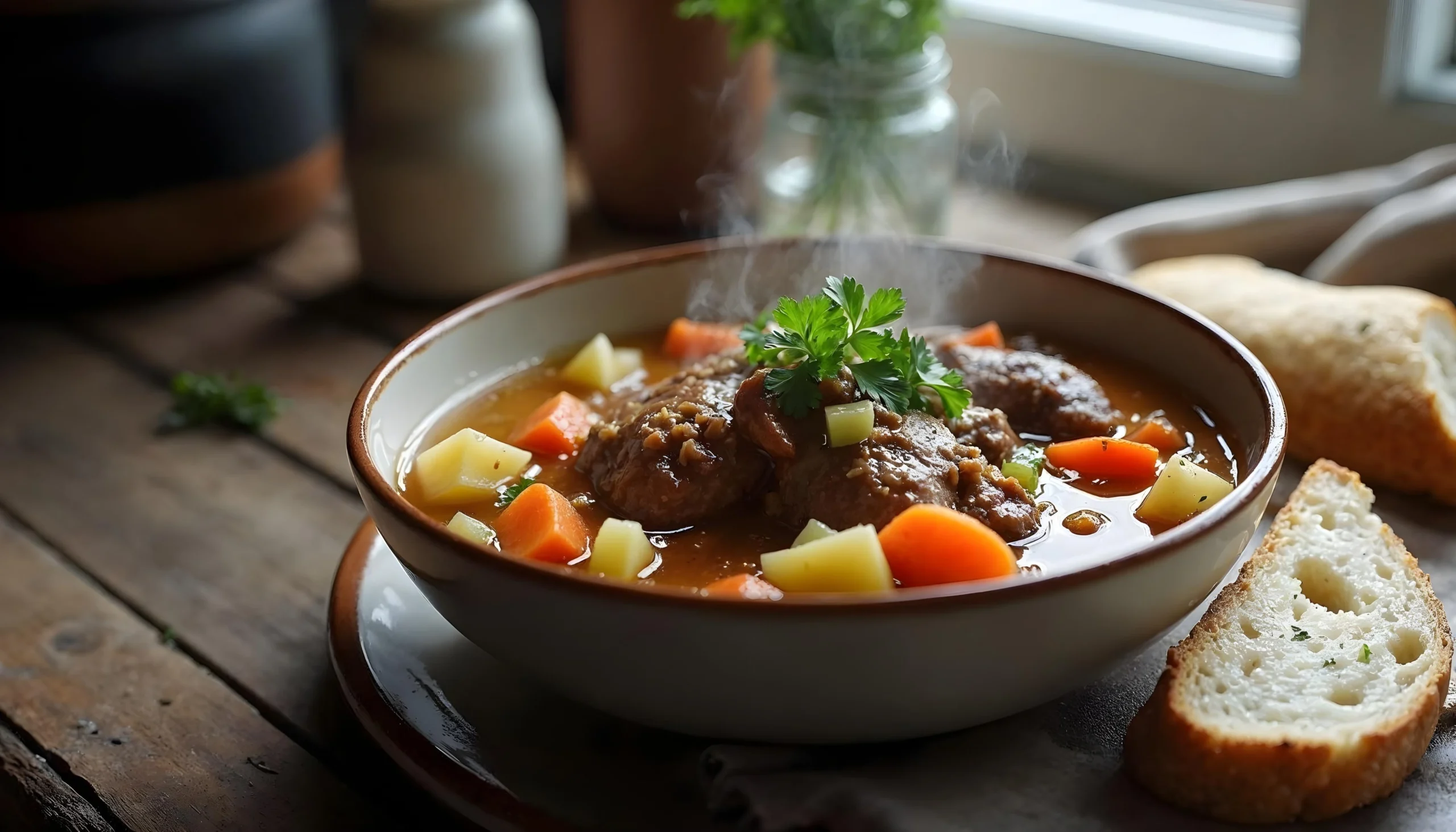 A hearty bowl of oxtail soup with tender meat, diced carrots, potatoes, and fresh parsley, served with crusty bread.