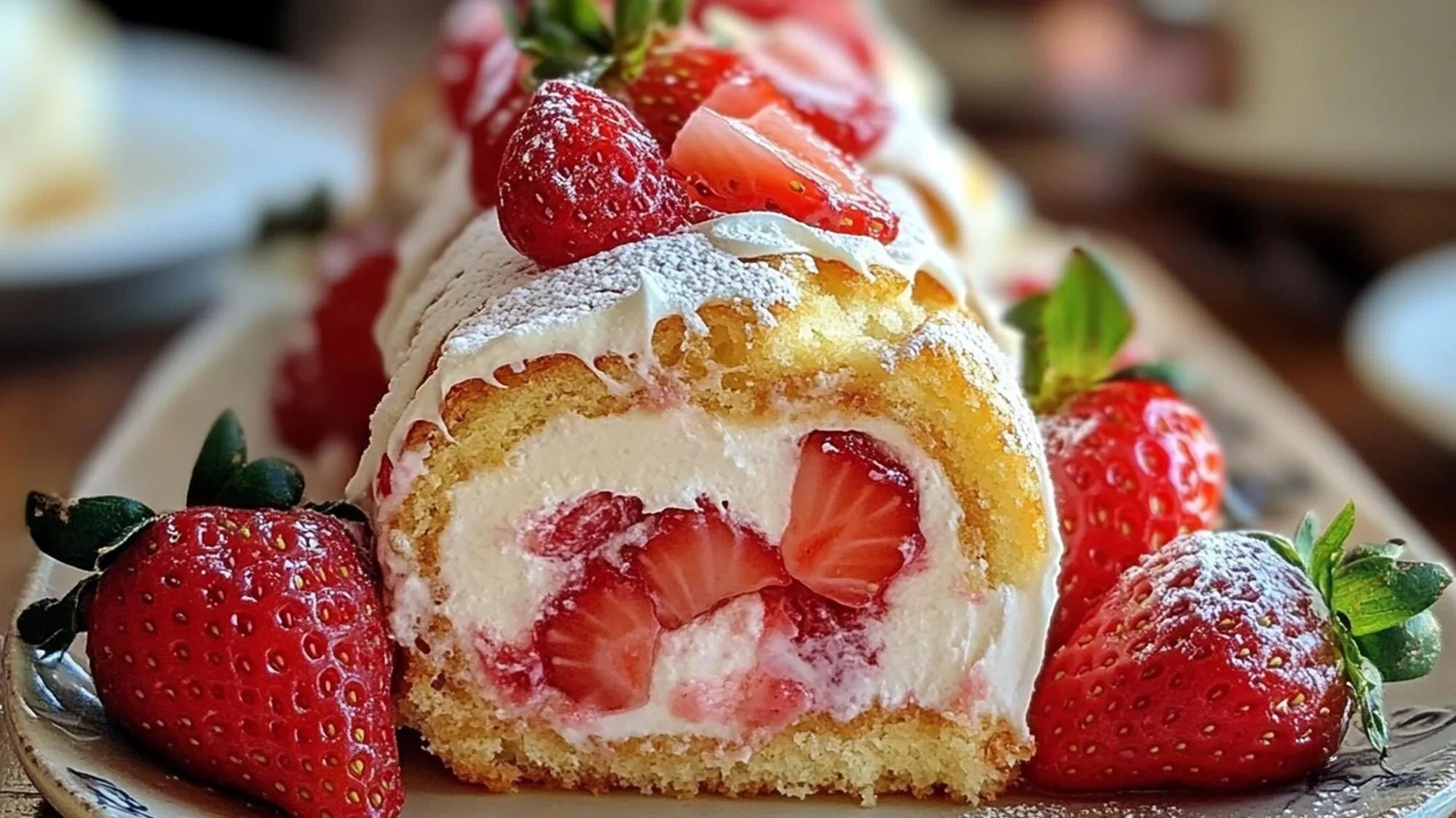 Close-up of a sliced Raspberry Cake Roll filled with cream and strawberries, surrounded by fresh strawberries on a decorative plate.