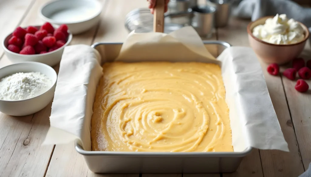 A baking tray with smooth cake batter spread evenly on parchment paper, surrounded by bowls of fresh raspberries, powdered sugar, and whipped cream.