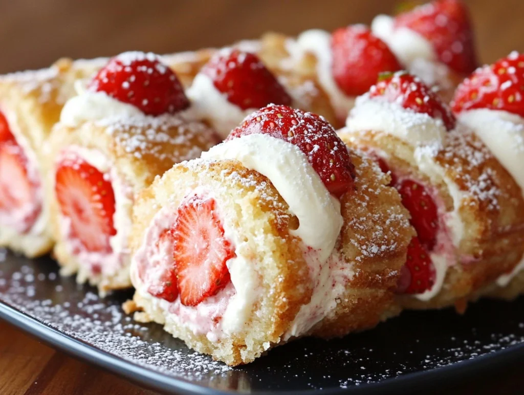 Close-up of a Raspberry Cake Roll with fresh strawberries and cream, dusted with powdered sugar, served on a black plate.