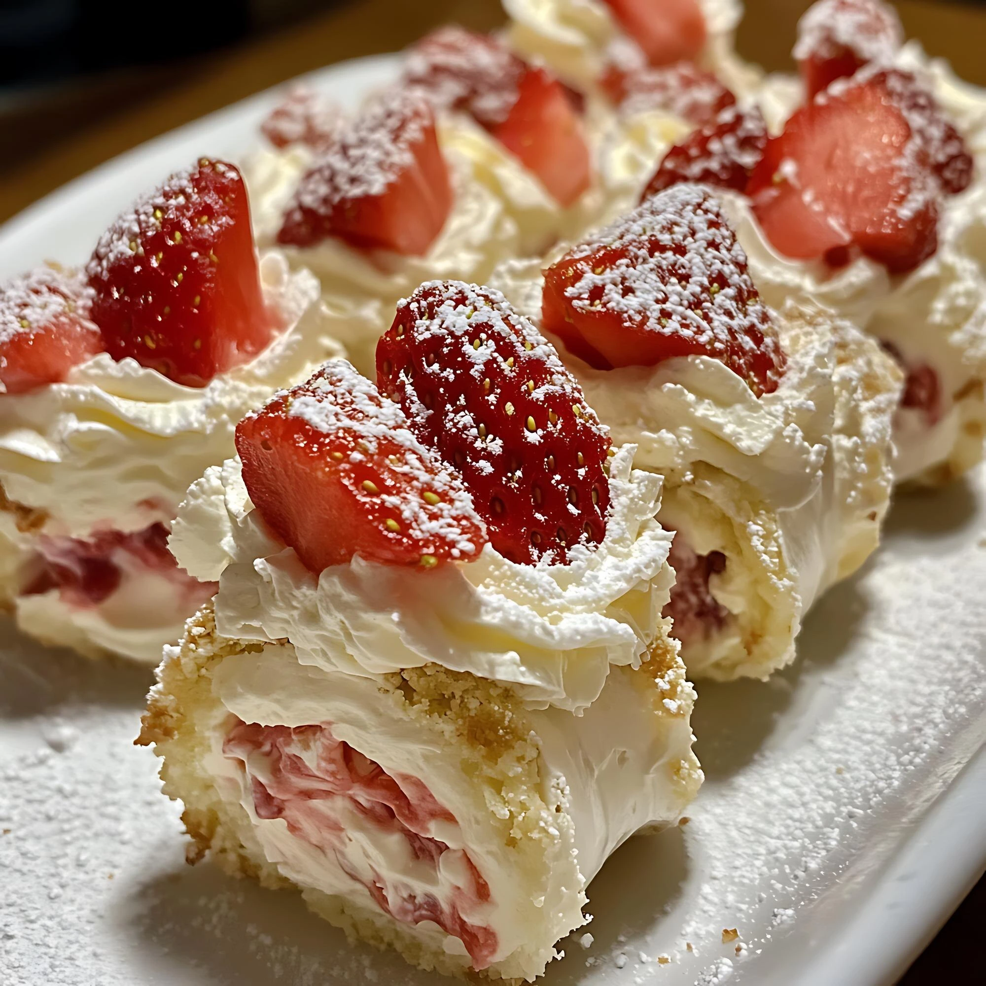 Close-up of a Raspberry Cake Roll topped with whipped cream, fresh strawberries, and powdered sugar on a white plate.