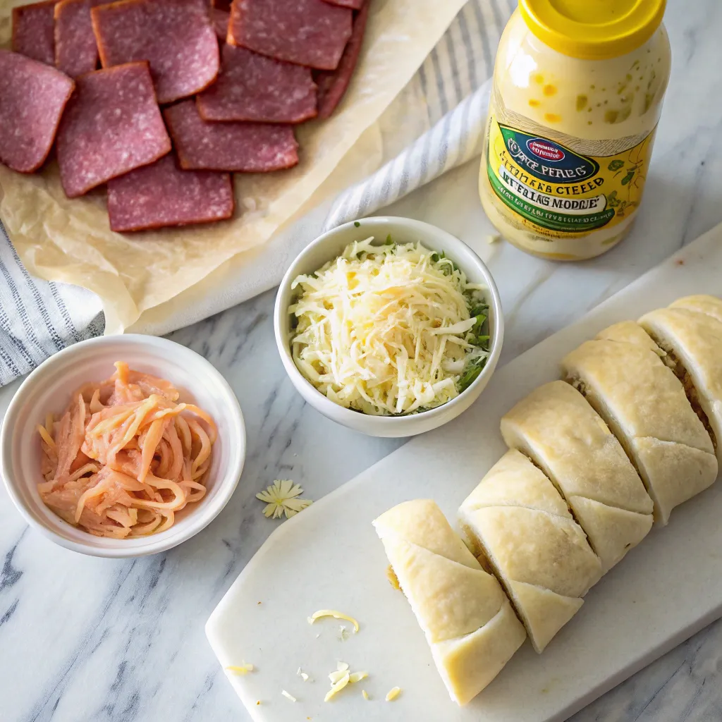 A flat lay of ingredients for a Reuben Bake Casserole, including corned beef slices, shredded cheese, sauerkraut, and crescent roll dough.