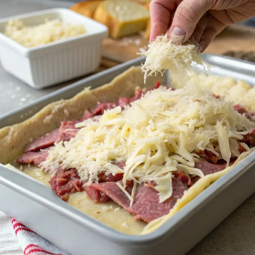 A hand sprinkling shredded cheese over corned beef and sauerkraut in a baking dish lined with crescent roll dough.