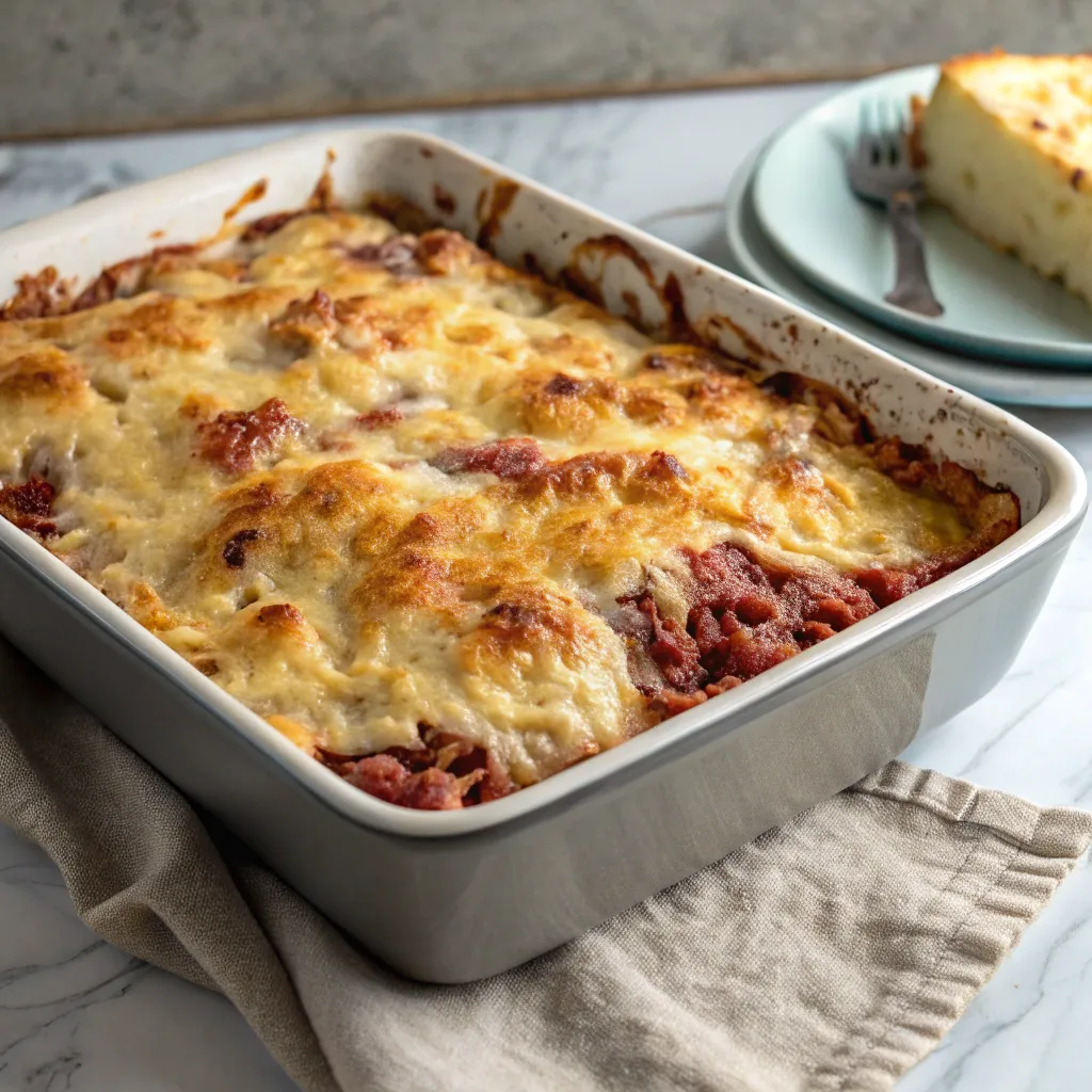 A golden-brown Reuben Bake Casserole in a baking dish, placed on a beige cloth with a slice served on a plate nearby.