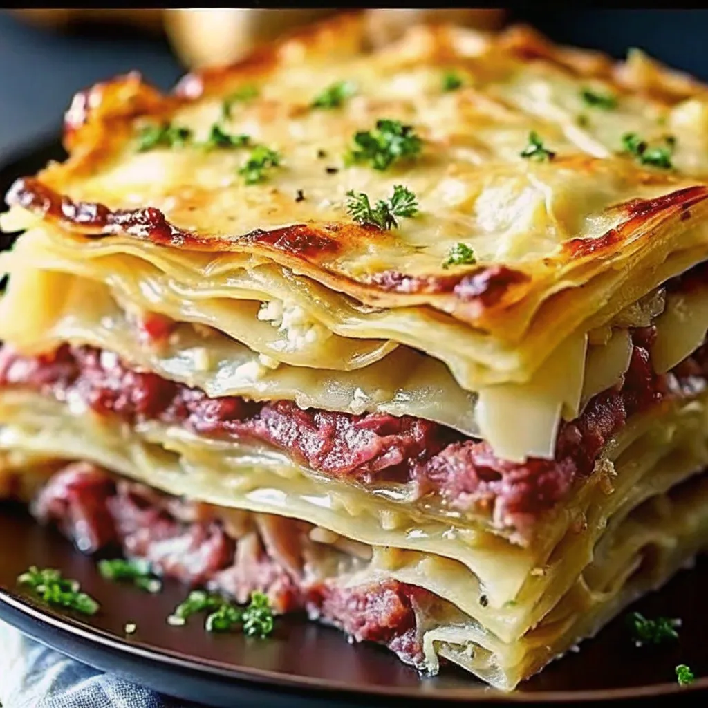 A close-up of a Reuben Bake Casserole showing layers of corned beef, cheese, and sauerkraut topped with fresh parsley.