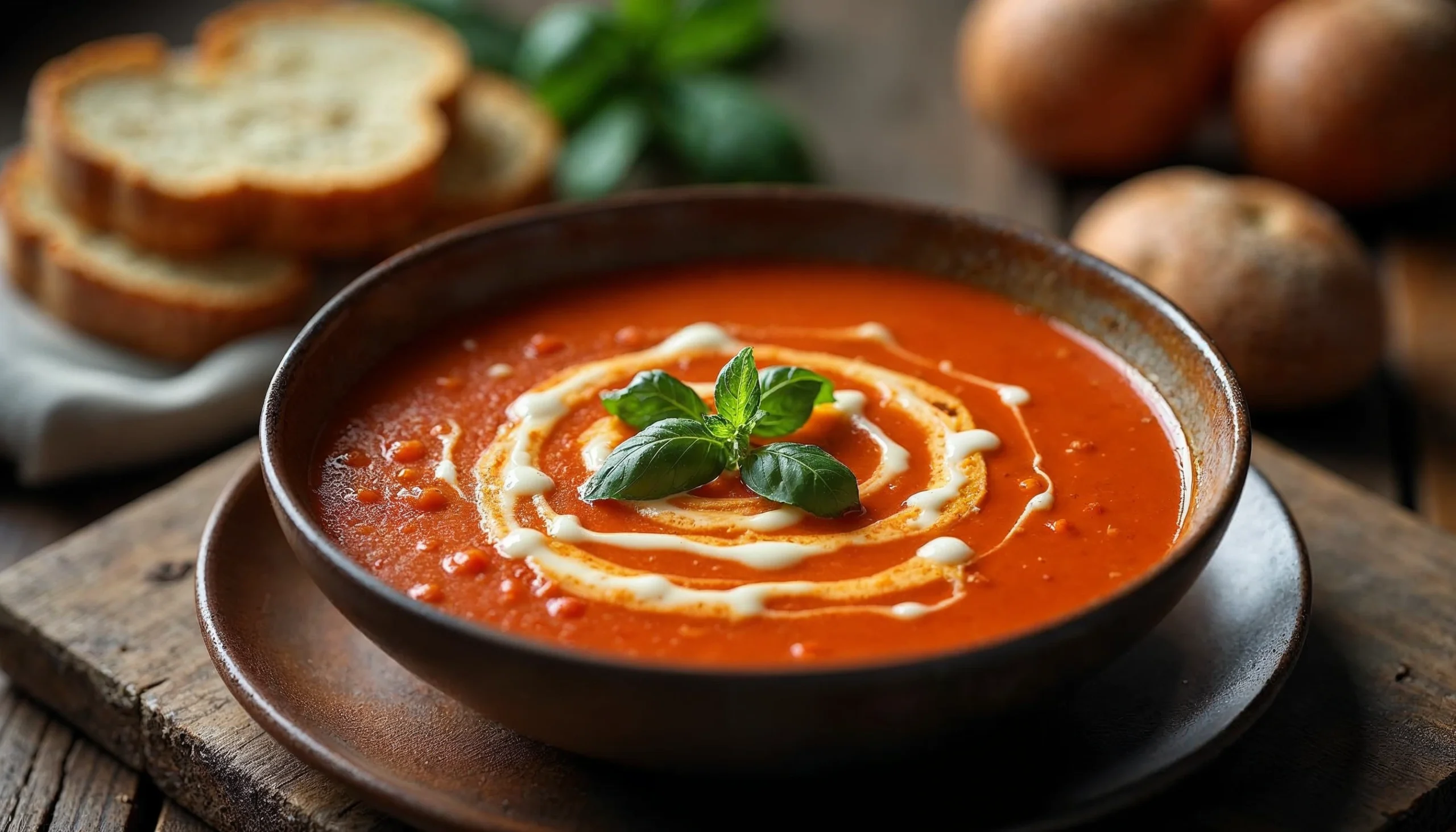 "Homemade roasted tomato soup garnished with fresh basil and a swirl of cream, served with crusty bread in the background."