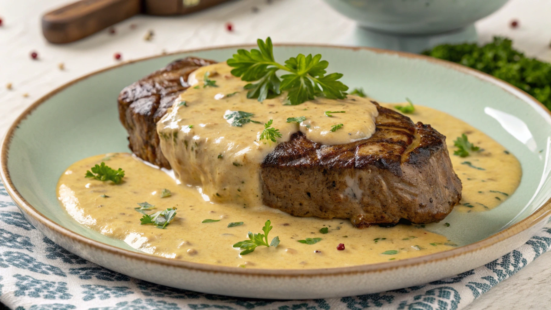 A grilled steak topped with creamy garlic sauce, garnished with fresh parsley