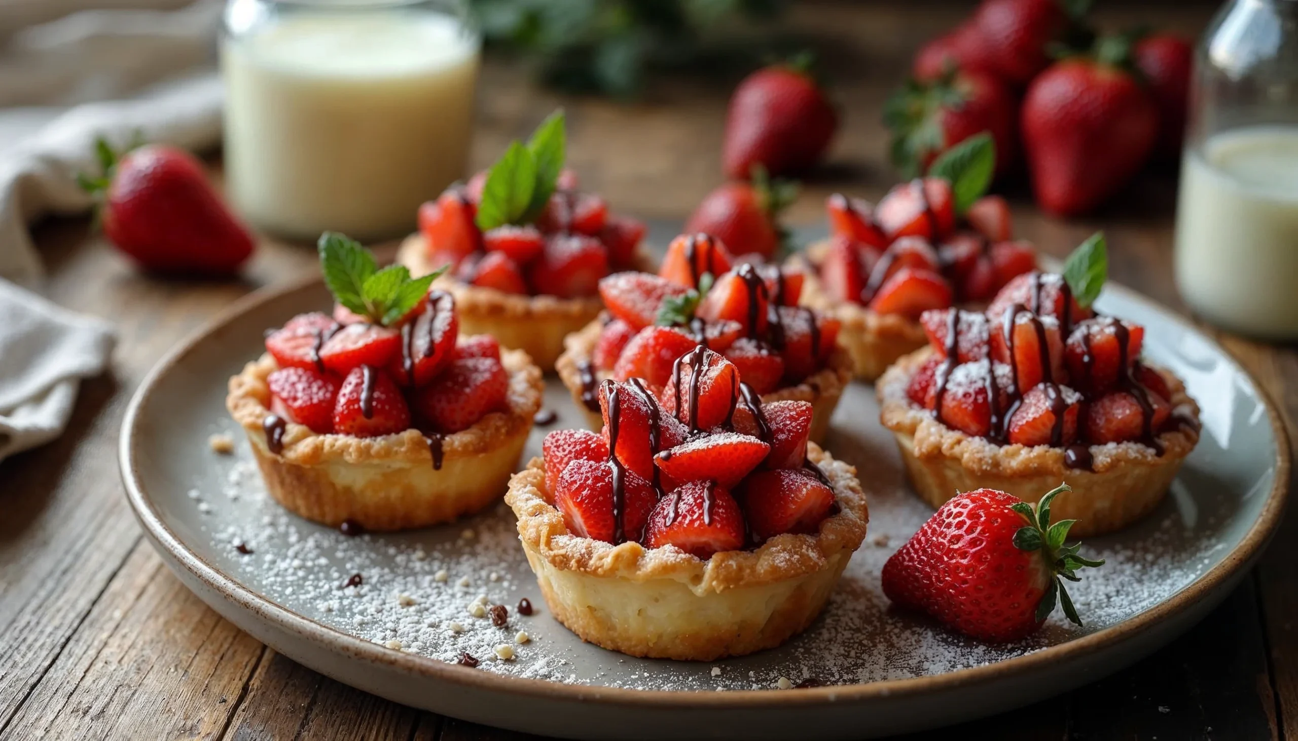 A plate of strawberry tartlets topped with fresh strawberries, powdered sugar, and a drizzle of chocolate, garnished with mint leaves.