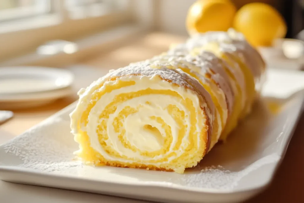 Close-up of a Velvet Lemon Roll Cake with creamy swirls, dusted with powdered sugar, and served on a white platter.
