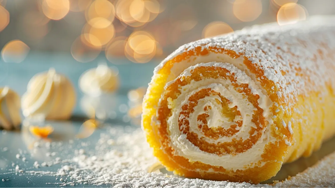 Close-up of a Velvet Lemon Roll Cake dusted with powdered sugar, featuring creamy swirls and a festive bokeh light background.