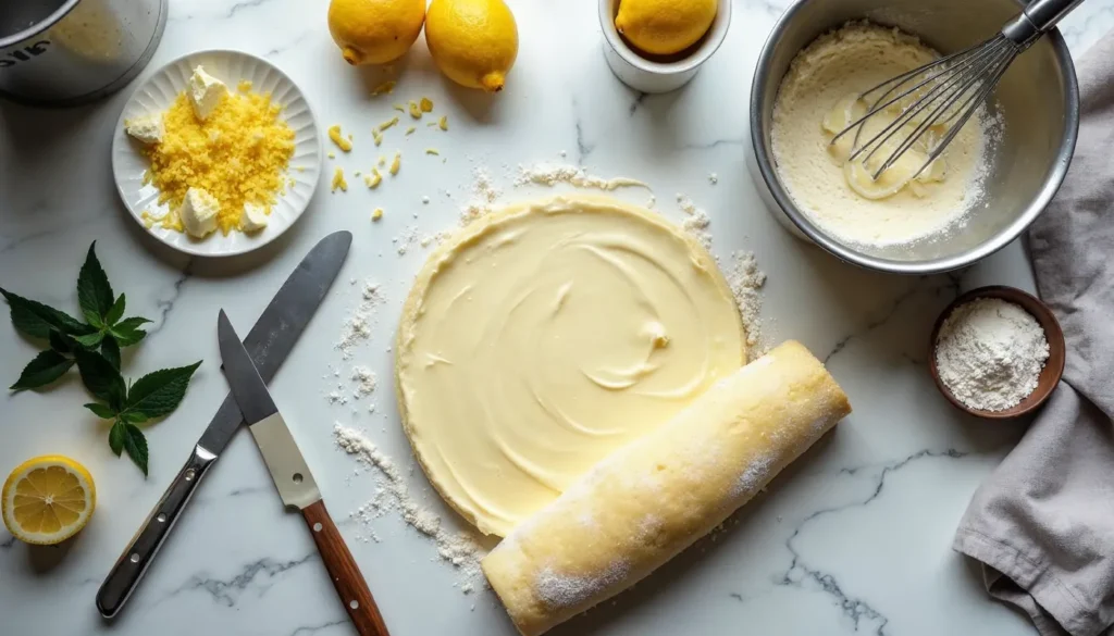 Top-down view of the preparation process for a Velvet Lemon Roll Cake, featuring fresh lemons, zest, batter, and rolling dough.