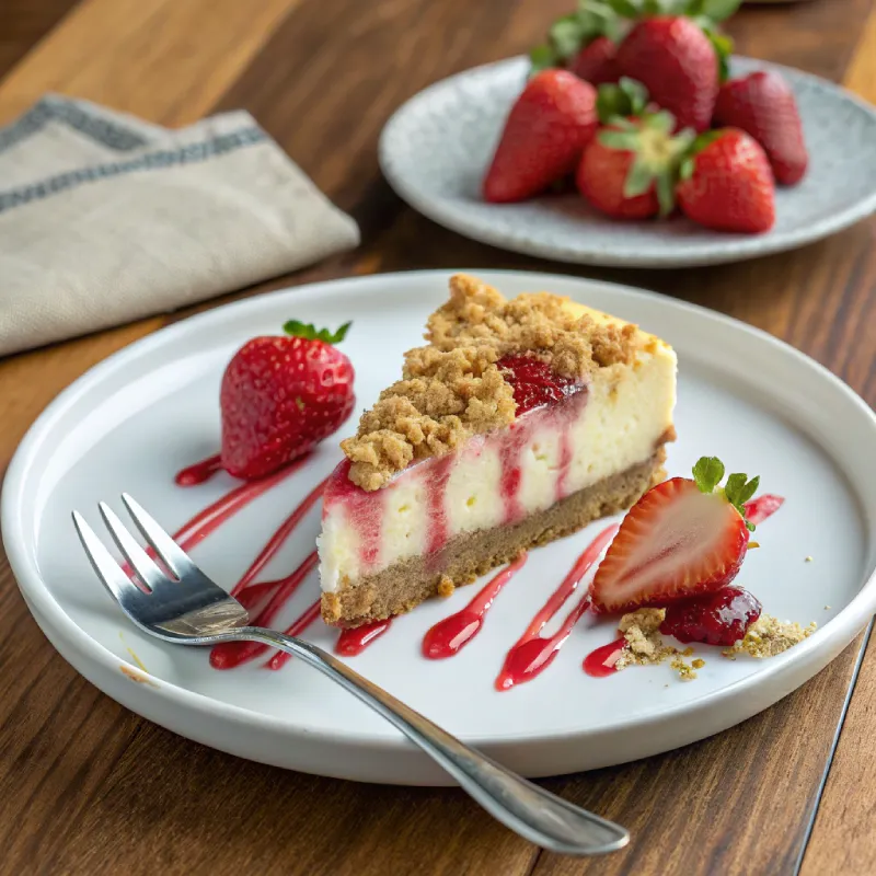 A plated slice of Berrylicious Strawberry Crunch Cheesecake on a white dish, featuring creamy layers, strawberry filling, and crumb topping. Garnished with fresh strawberries, strawberry sauce, and a fork, set on a wooden table.