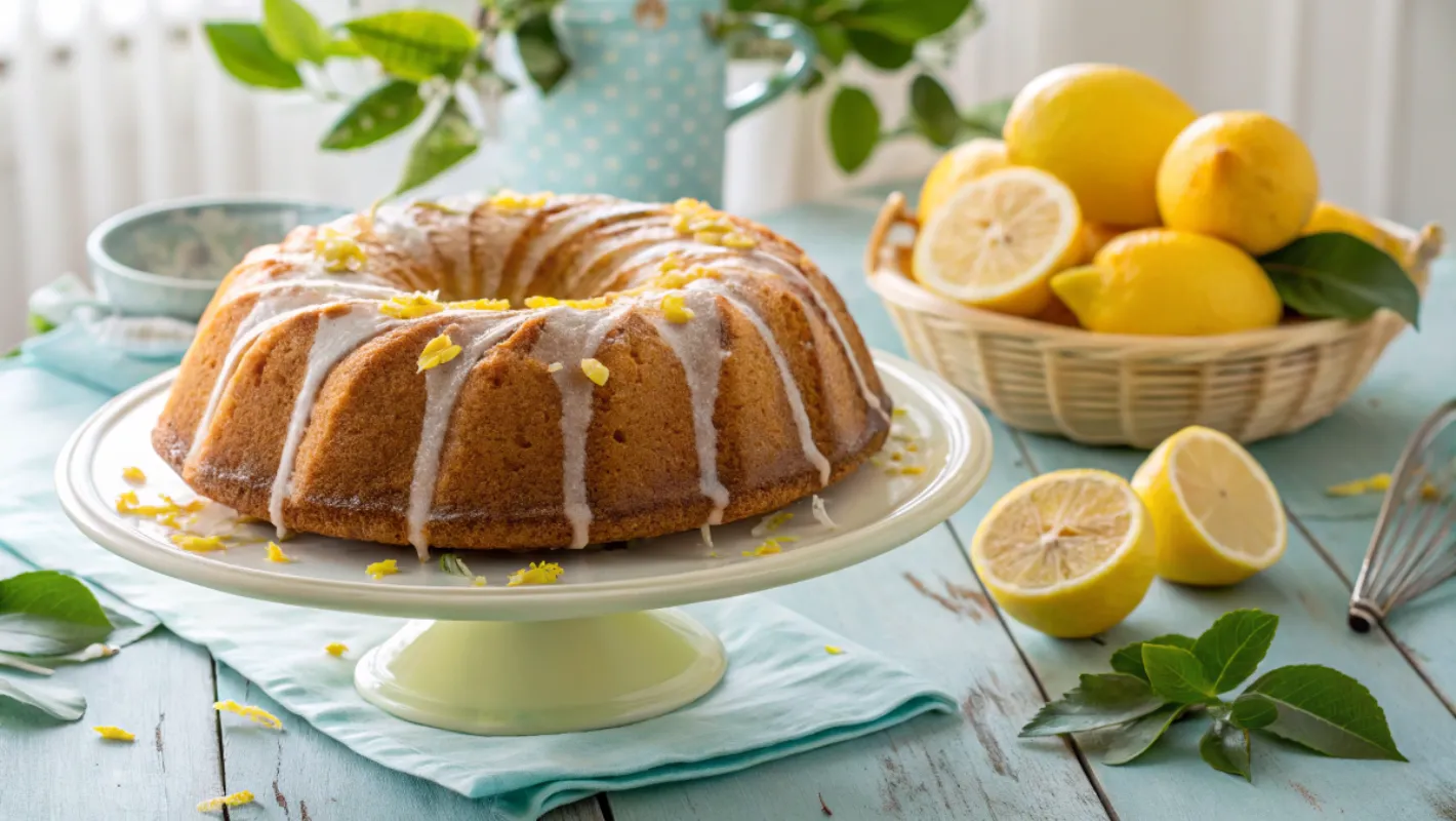 A freshly baked Southern Lemon Pound Cake with a glaze, garnished with lemon zest, sitting on a pastel cake stand.