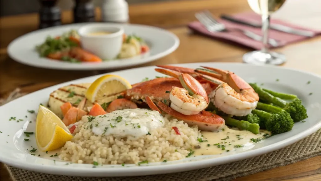 A beautifully plated dish of crab and shrimp seafood with couscous, grilled vegetables, steamed broccoli, and lemon garnish.