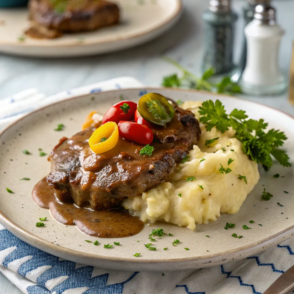 A beautifully plated portion of slow cooker Mississippi ribeye steak on mashed potatoes, topped with colorful grape tomatoes and garnished with fresh parsley.