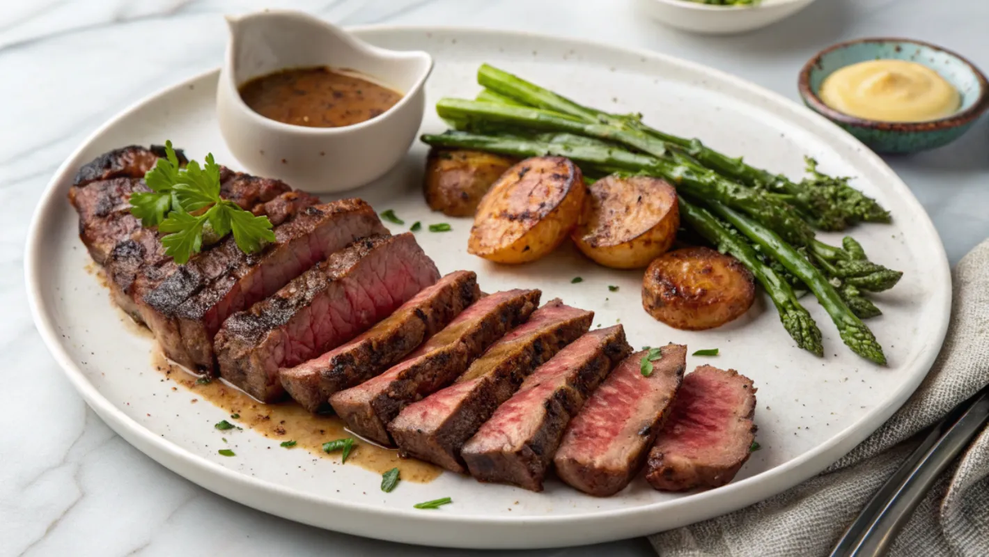 A sliced chuck eye steak served medium-rare on a white plate with grilled asparagus, roasted potatoes, and a side of gravy.