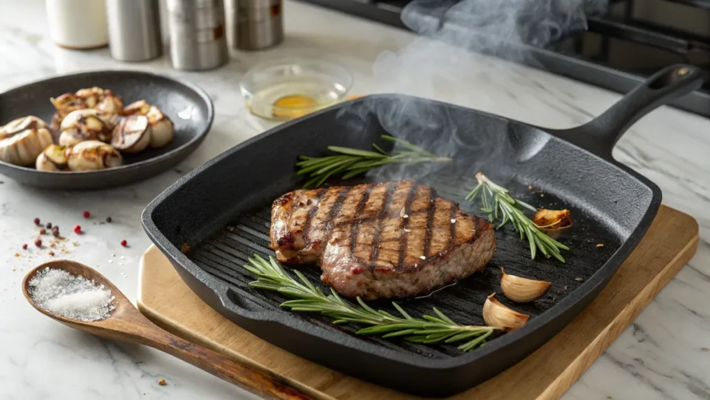 A chuck eye steak cooking in a cast-iron grill pan with grill marks, fresh rosemary, and garlic cloves on the side.
