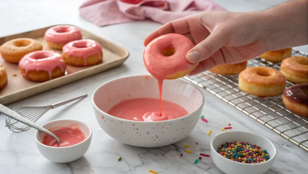 A hand dipping a freshly fried donut into a bowl of pink glaze, with sprinkles and tools on a marble countertop.