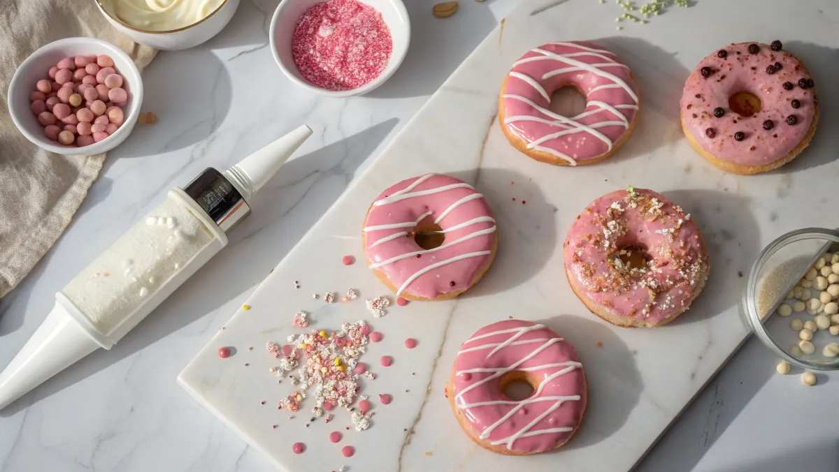 A variety of pink glazed donuts with different toppings and decorations on a marble surface, surrounded by decorating tools.