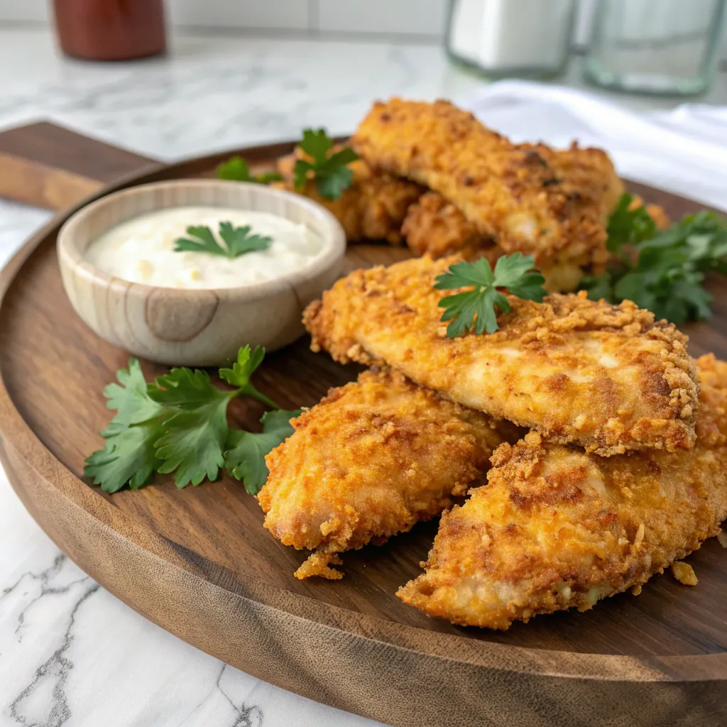 Golden and crispy Crack Chicken Tenders served on a wooden plate with a bowl of creamy ranch dipping sauce and fresh parsley.