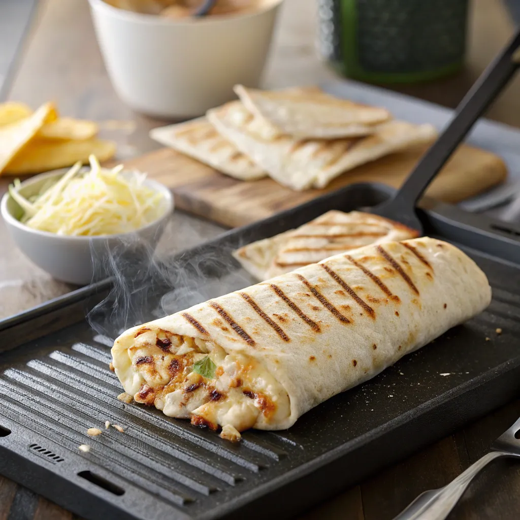 A Cheesy Garlic Chicken Wrap on a grill pan, with visible grill marks and steam rising, surrounded by bowls of cheese and tortillas.