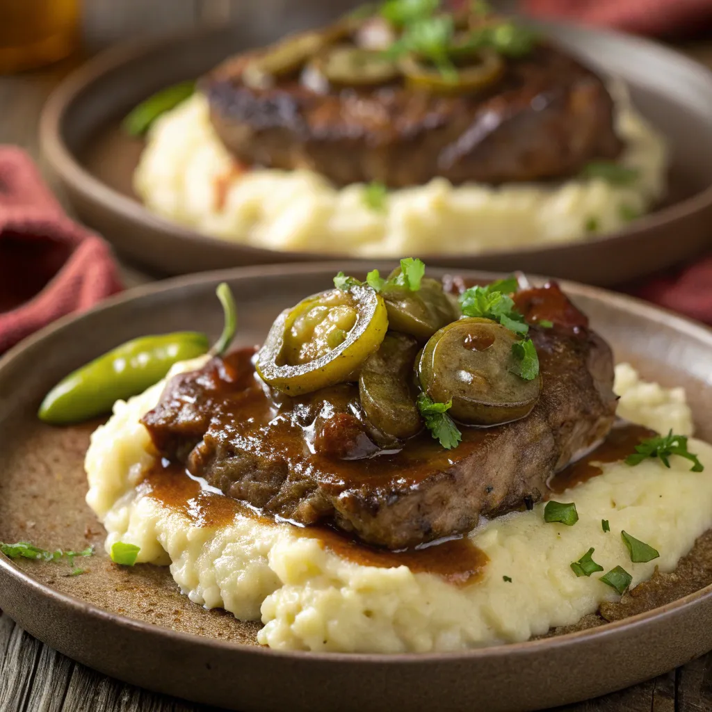 A close-up of slow-cooked Mississippi ribeye steak served on mashed potatoes, topped with tangy pepperoncini peppers and garnished with fresh cilantro.