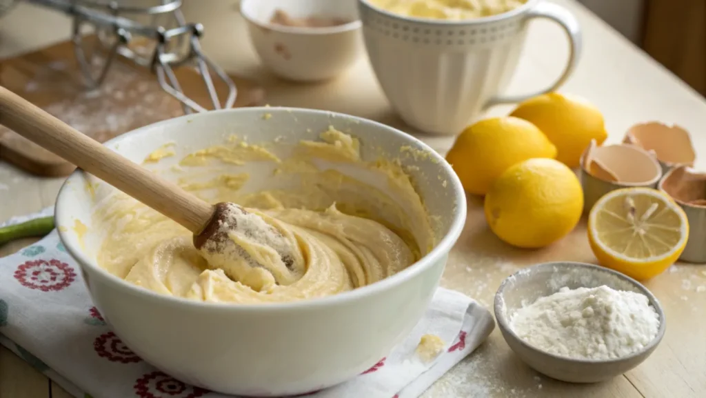 A mixing bowl filled with batter for Southern Lemon Pound Cake, surrounded by lemons, eggshells, and flour.